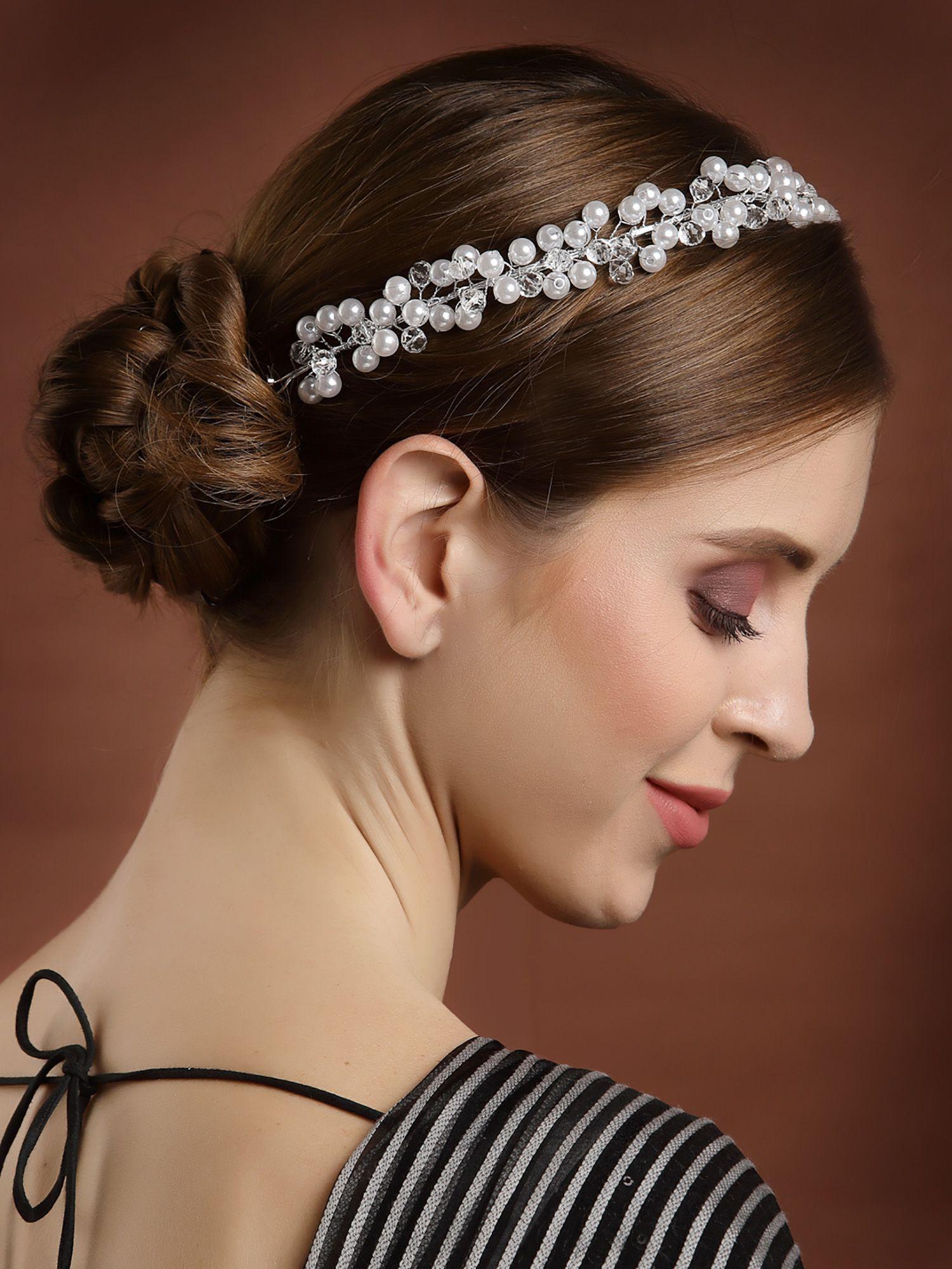 women silver toned embellished bridal tiara