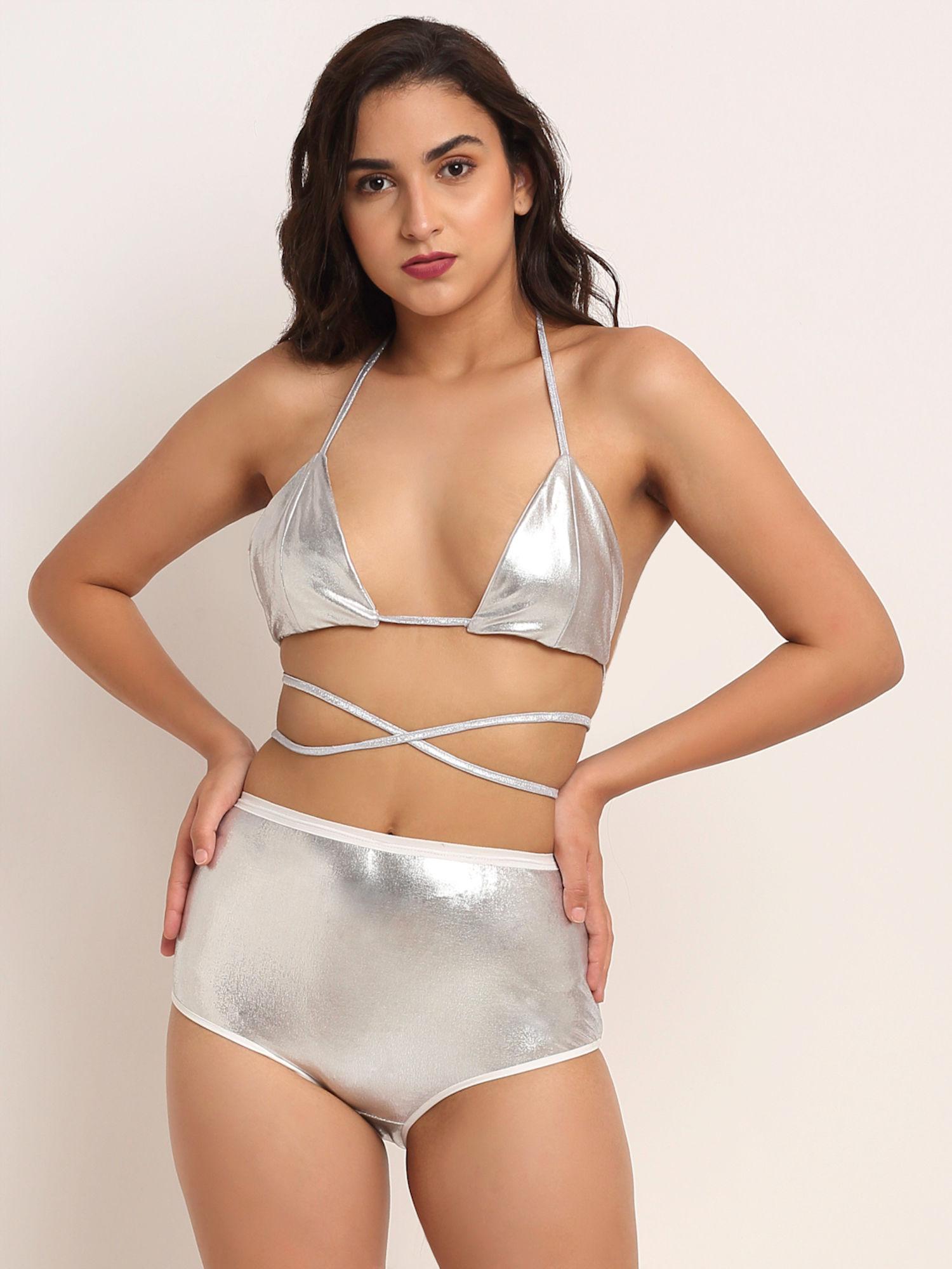 women silver-toned solid swim bikini set