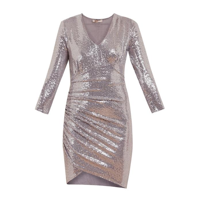 women silver v-neck shiny mini dress