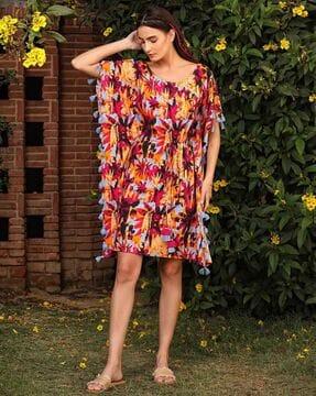 women singapore leaf print short kaftan dress