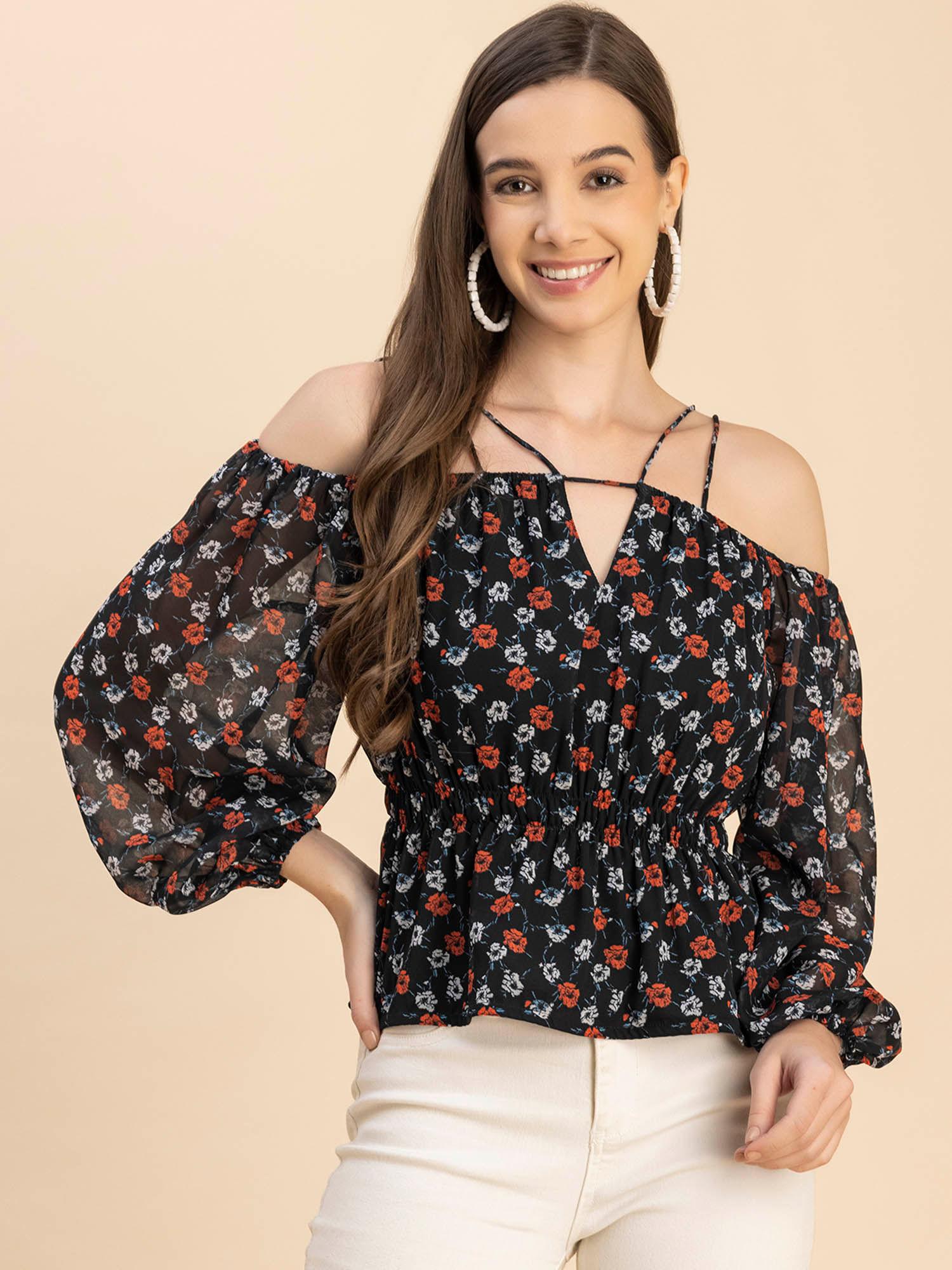 women skinny fit georgette floral black top