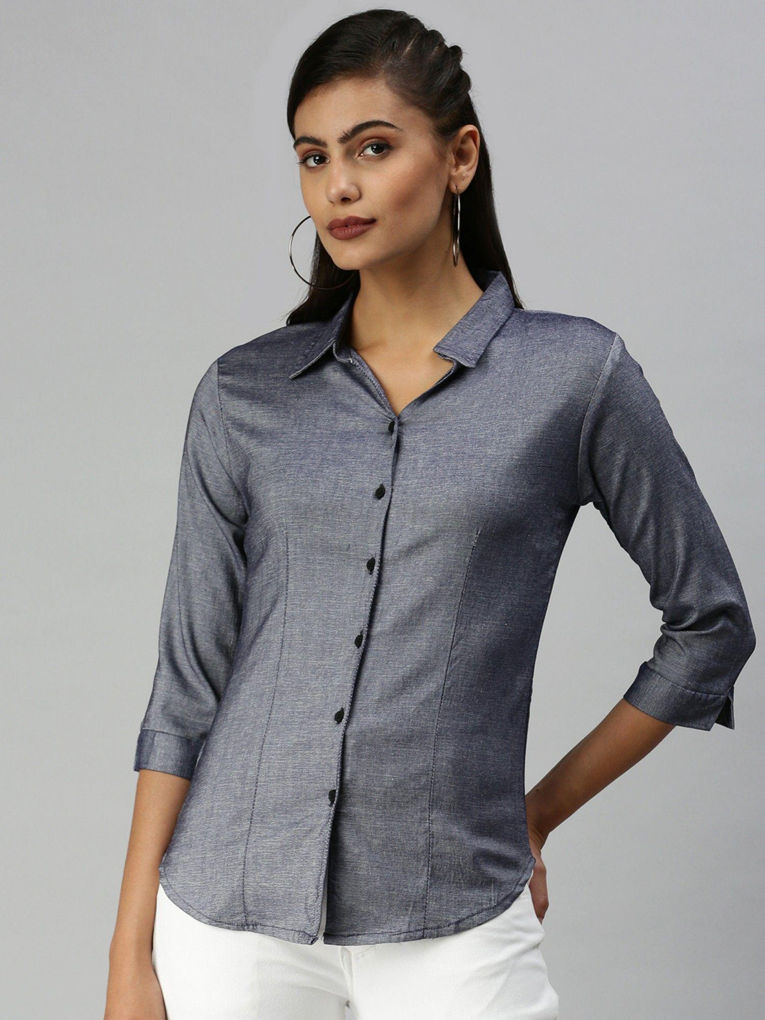 women skinny fit regular sleeves navy blue solid shirt