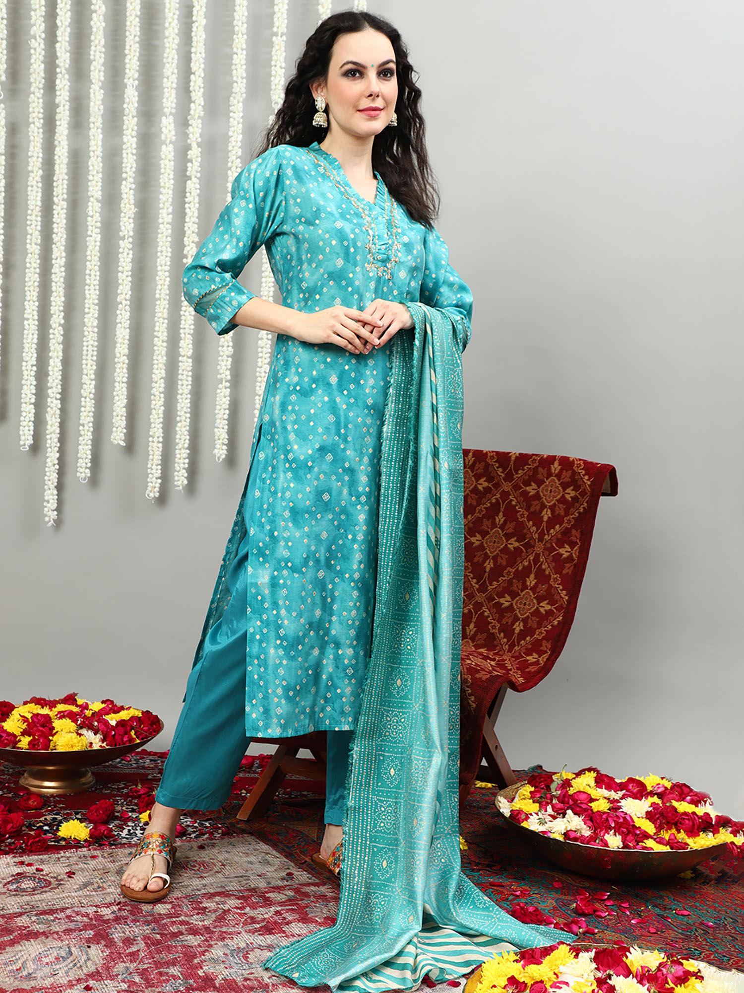 women sky blue printed silk kurta with pant & dupatta (set of 3)