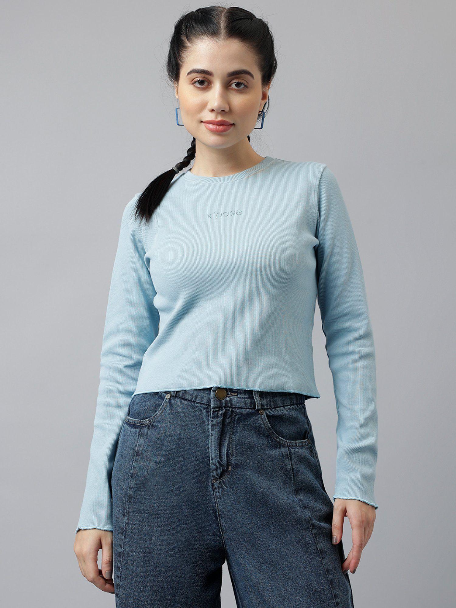 women sky blue round neck ribbed fitted top