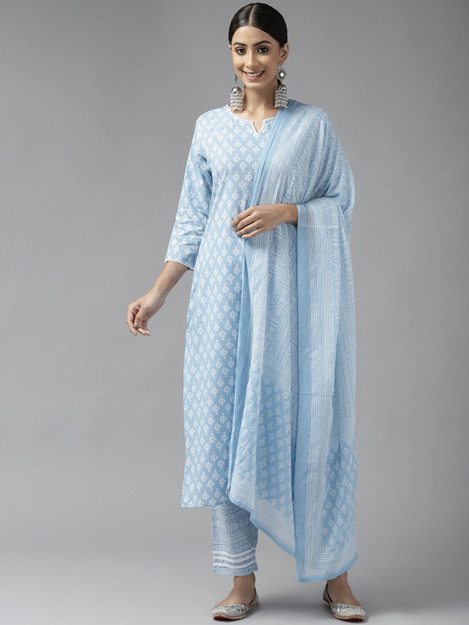 women sky blue screen print kurta with pant and dupatta (set of 3)