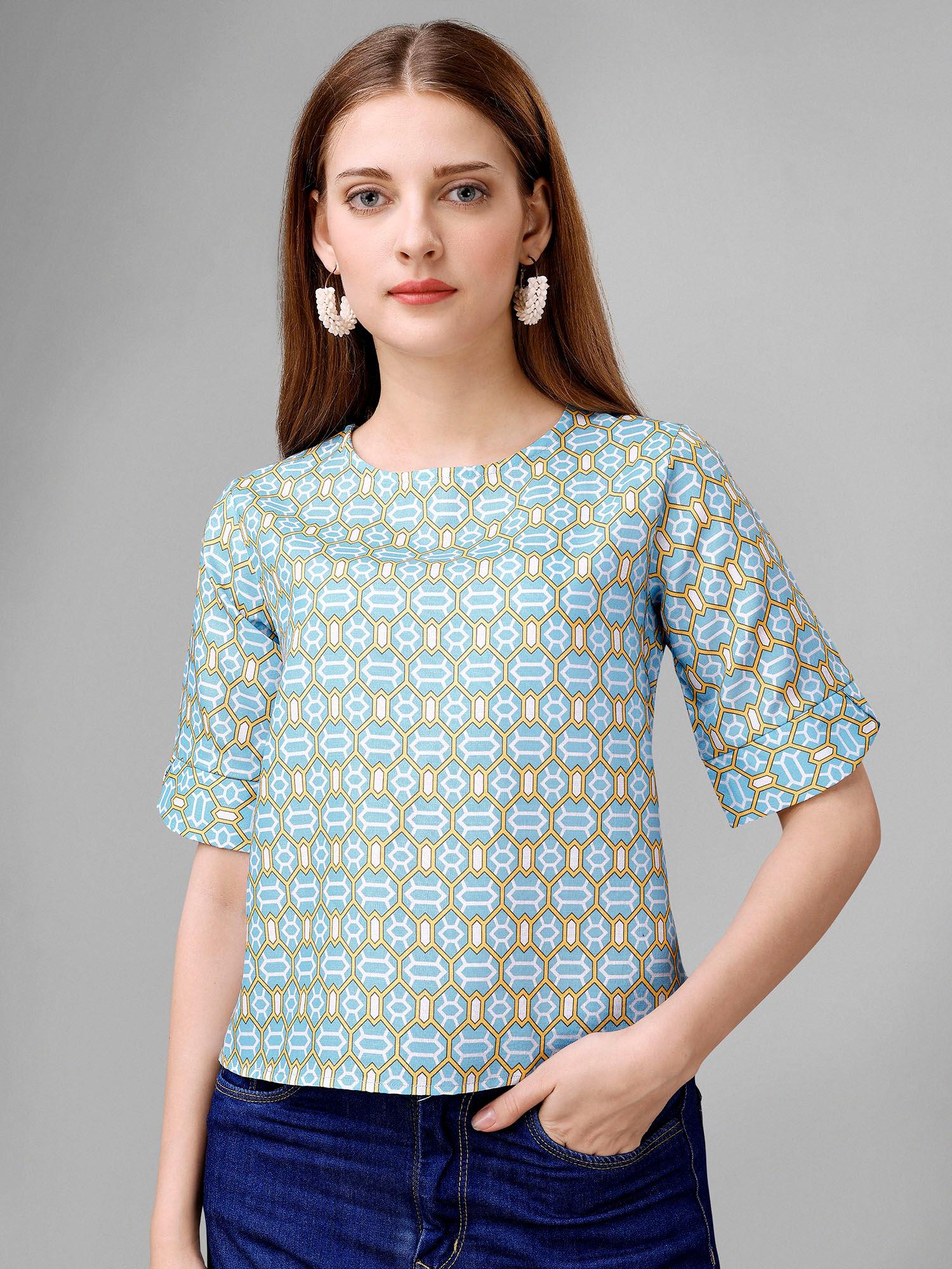 women sky blue short sleeves cotton blend top