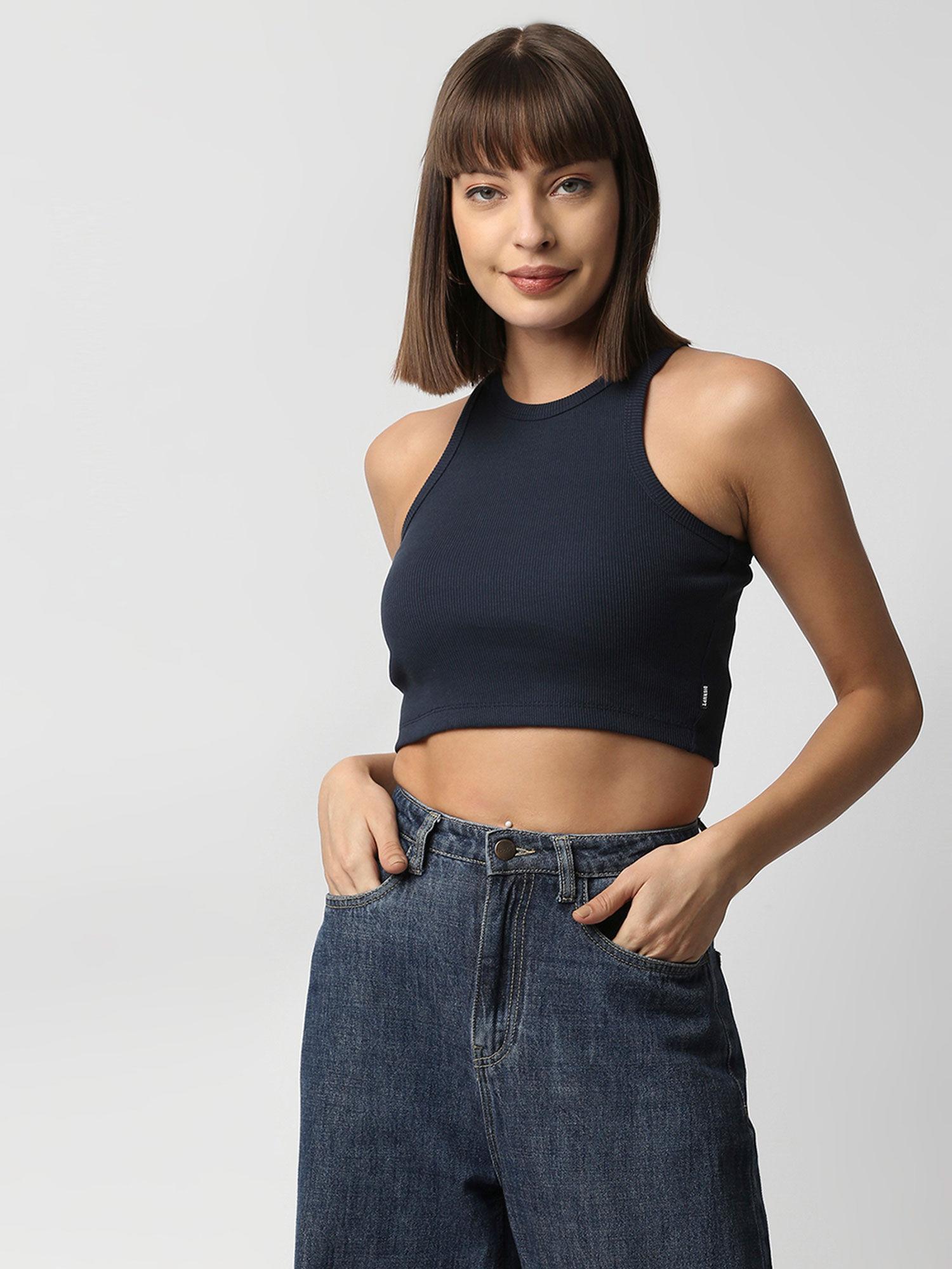 women sleeveless navy ribbed crop top