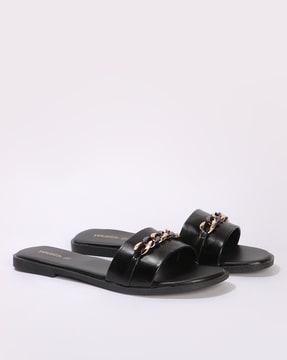 women slides with chain accent