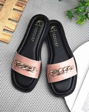 women slides with metal accent