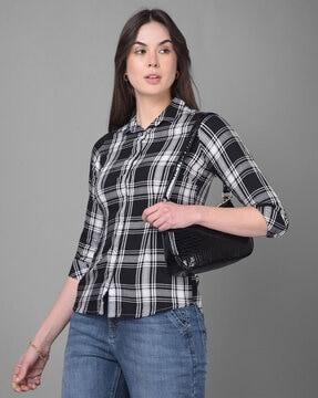women slim fit checks shirt with spread collar