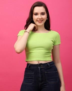 women slim fit crop top with short sleeves