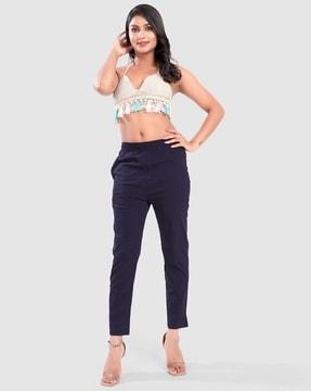 women slim fit flat-front pants with insert pockets