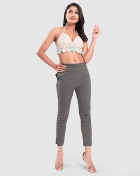 women slim fit flat-front pants with insert pockets