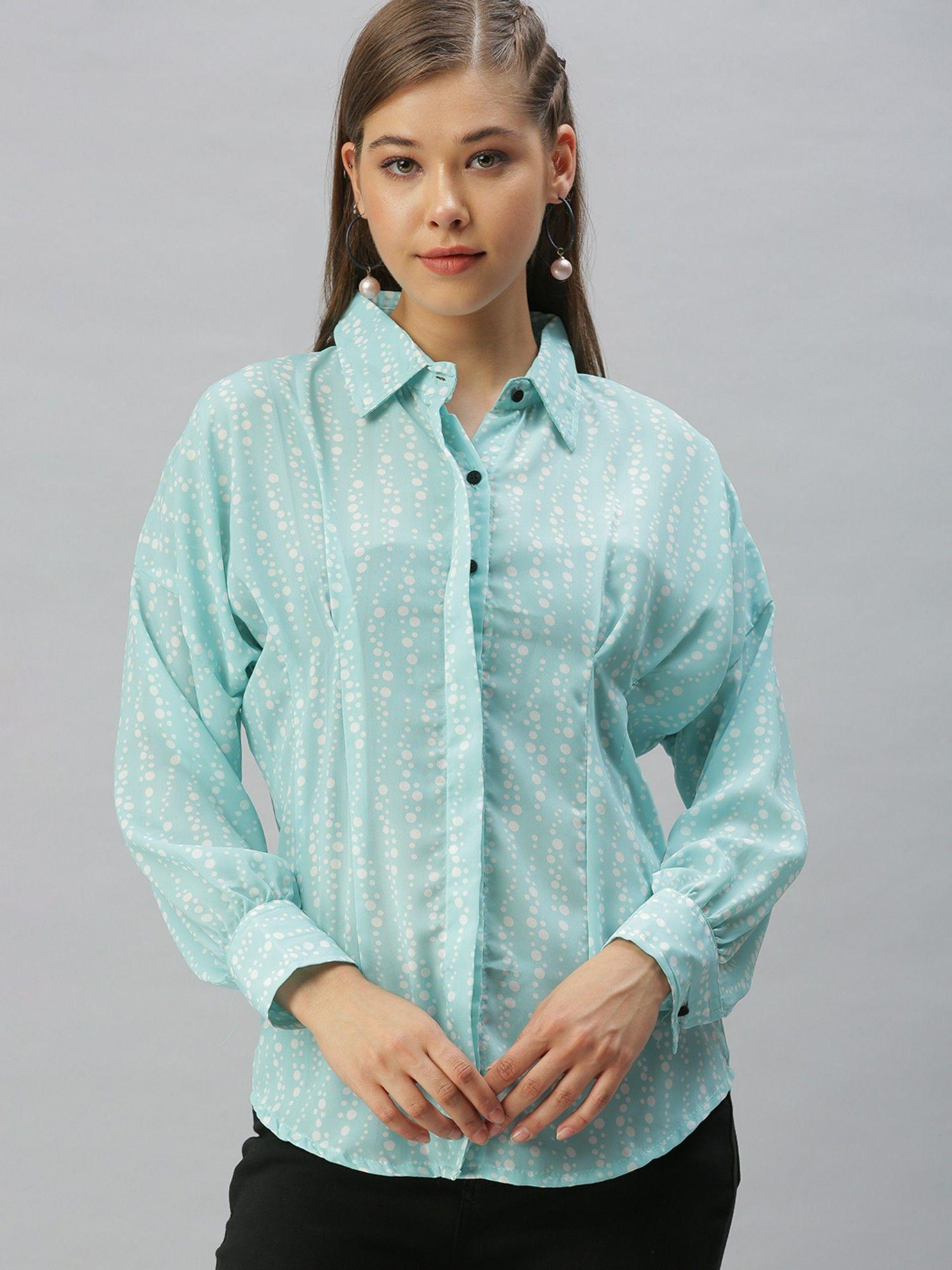 women slim fit kimono sleeves blue polka dots shirt