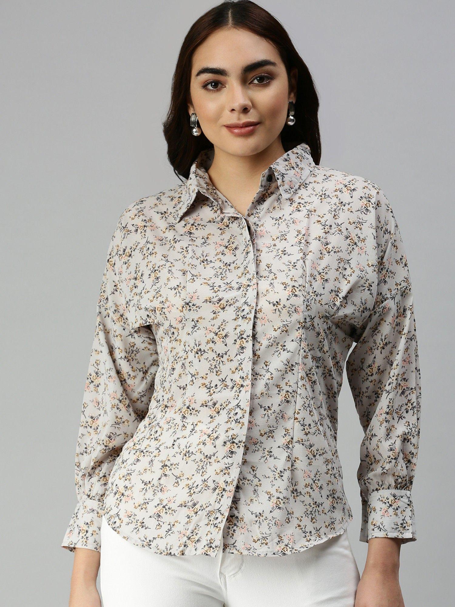 women slim fit kimono sleeves grey floral shirt