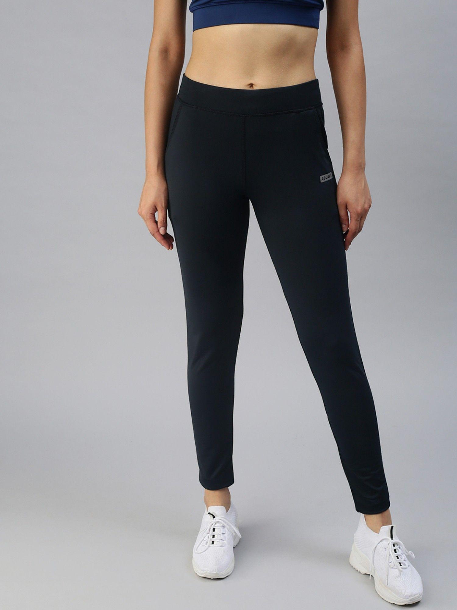 women slim fit navy blue solid track pants