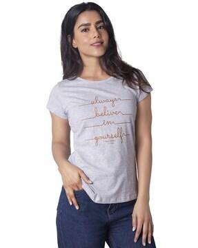 women slim fit typographic t-shirt with round neck