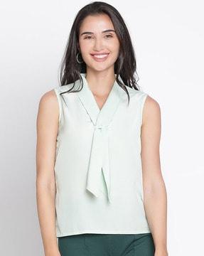 women slim fit v-neck top with tie-up