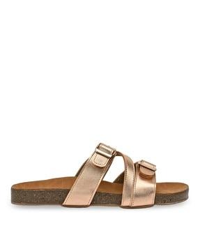 women slip-on flat sandals with buckle-accent