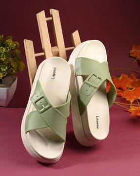 women slip-on slide with buckle fastening