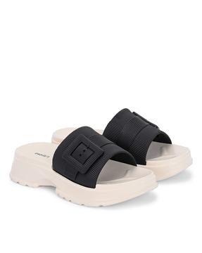 women slip-on slide with buckle fastening