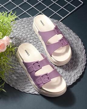 women slip-on slide with buckle fastening