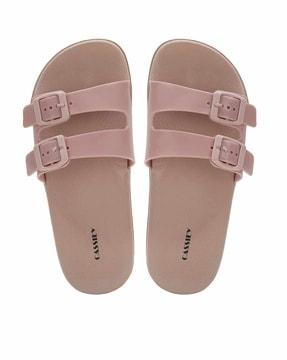 women slip-on slides with buckle accent