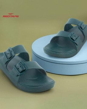 women slip-on slides with buckle-accent