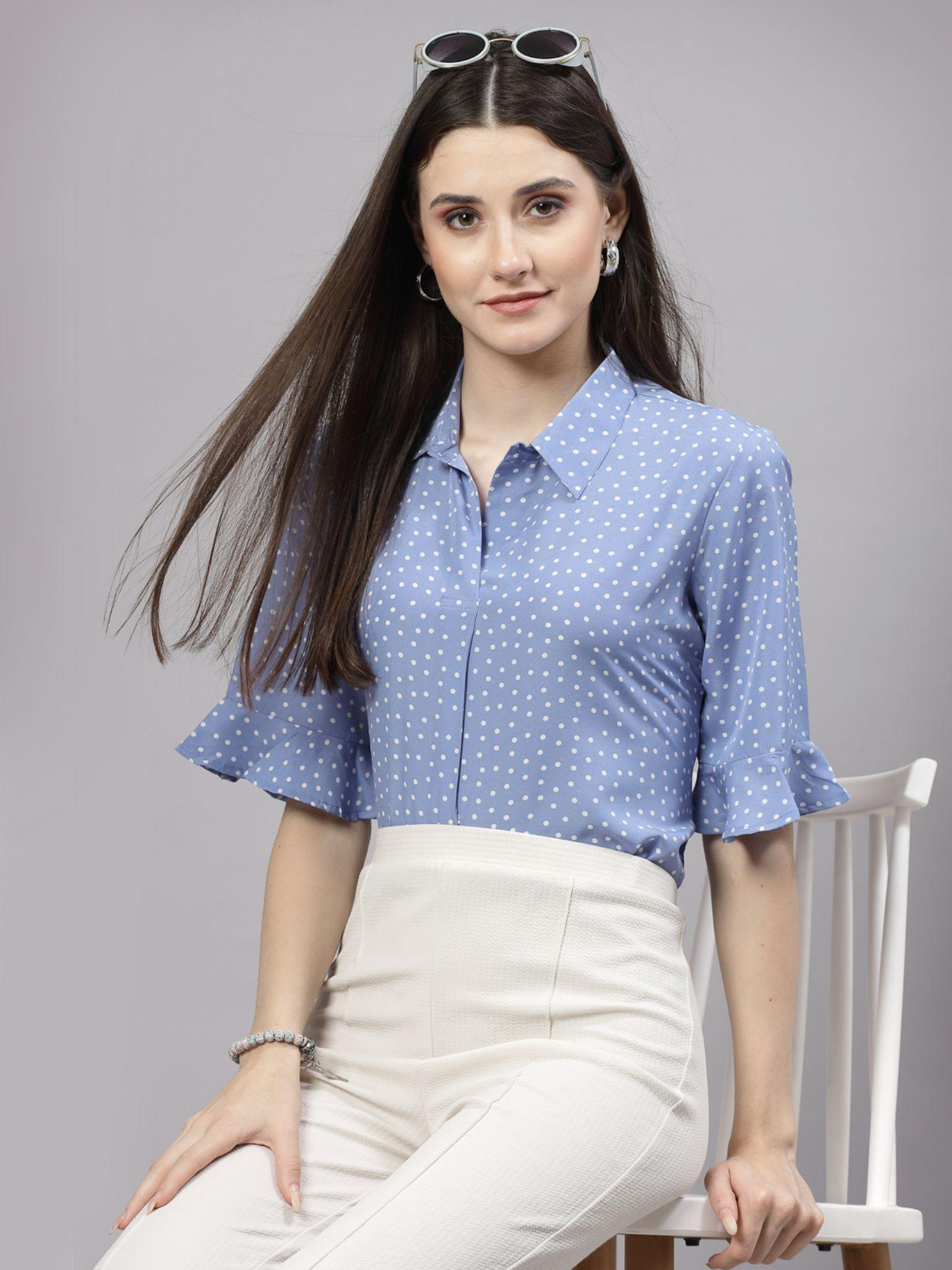 women smart blue and white polka dot flare sleeve top