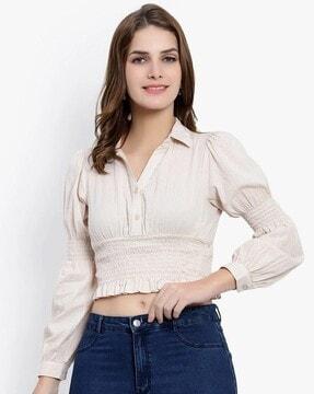 women smocked collar-neck top