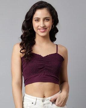 women smocked crop fitted top