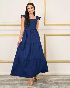 women smocked detail ruffle sleeves tiered maxi dress