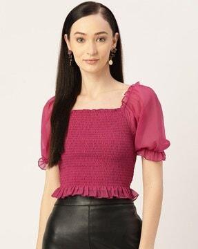 women smocked fitted top with puffed-sleeves