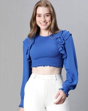 women smocked regular fit crop top