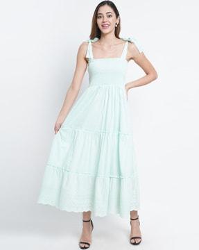 women smocked tiered dress with tie-up