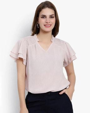 women smocked v-neck top