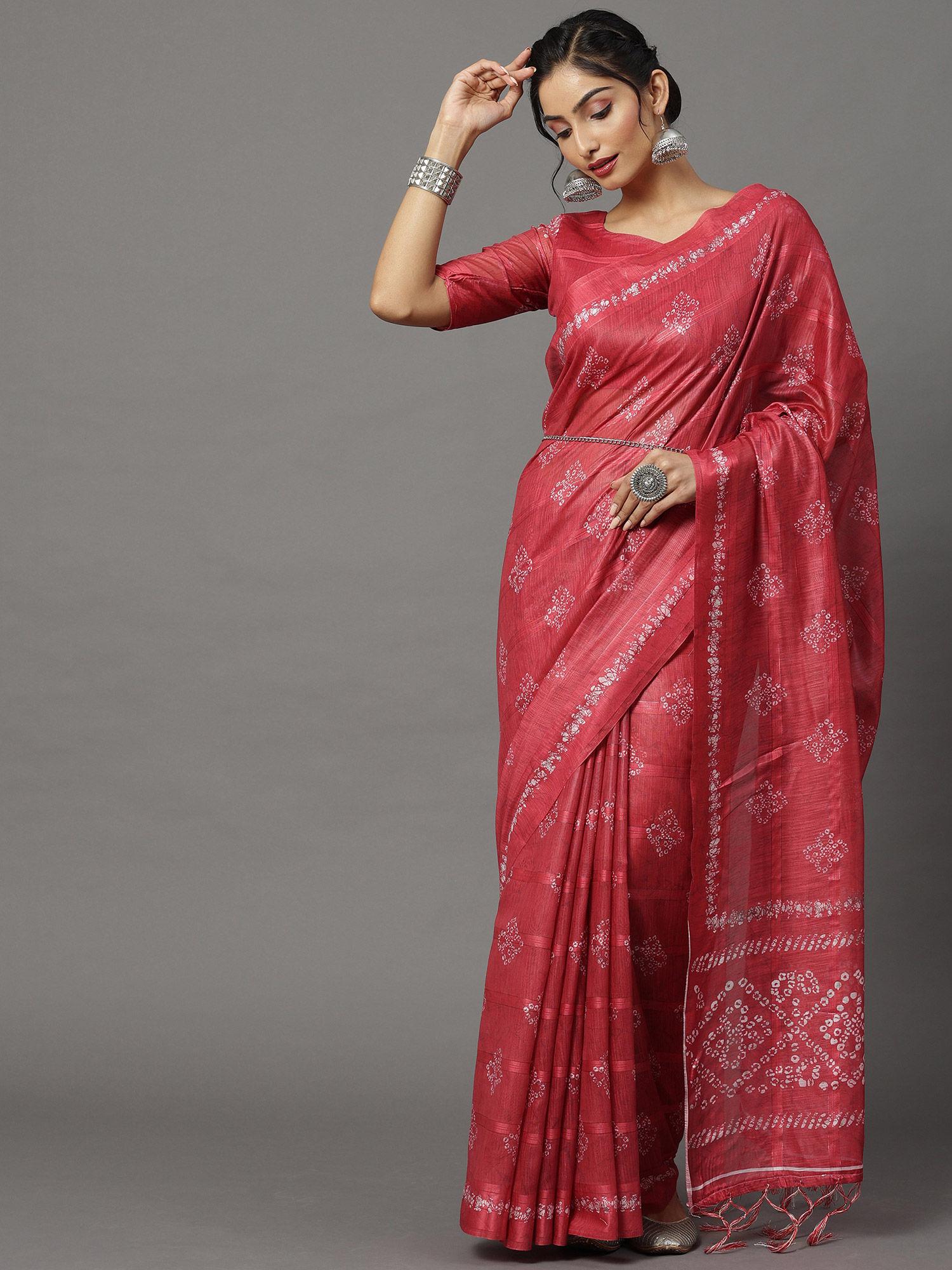 women soft silk pink printed designer saree with unstitched blouse