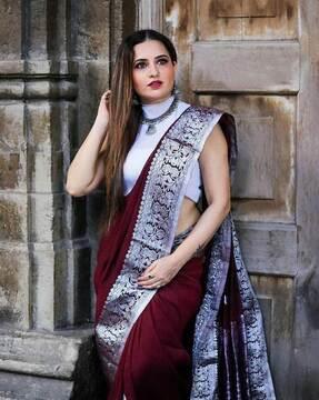 women soft silk saree with floral woven motifs