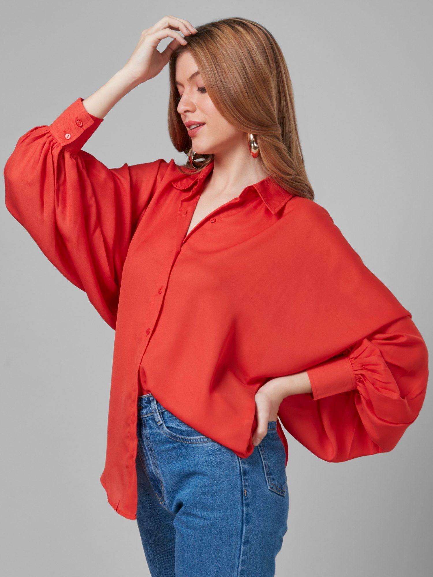 women solar orange solid poly crepe oversized casual shirt