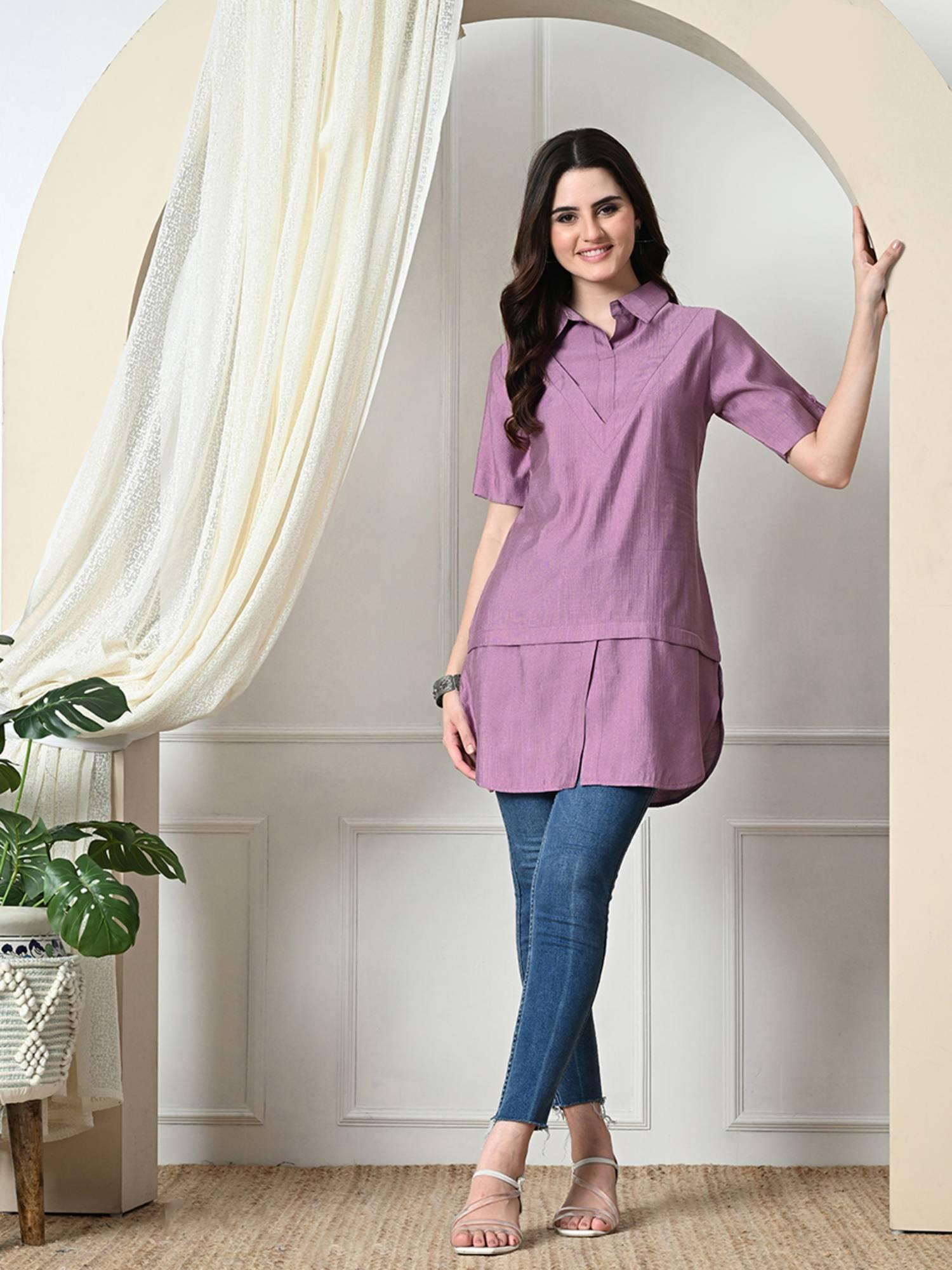 women solid a-line collared neck casual tunic in lavender