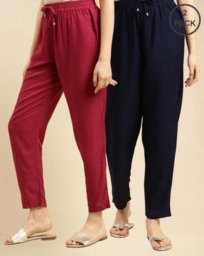 women solid ankle length straight pant (pack of 2)