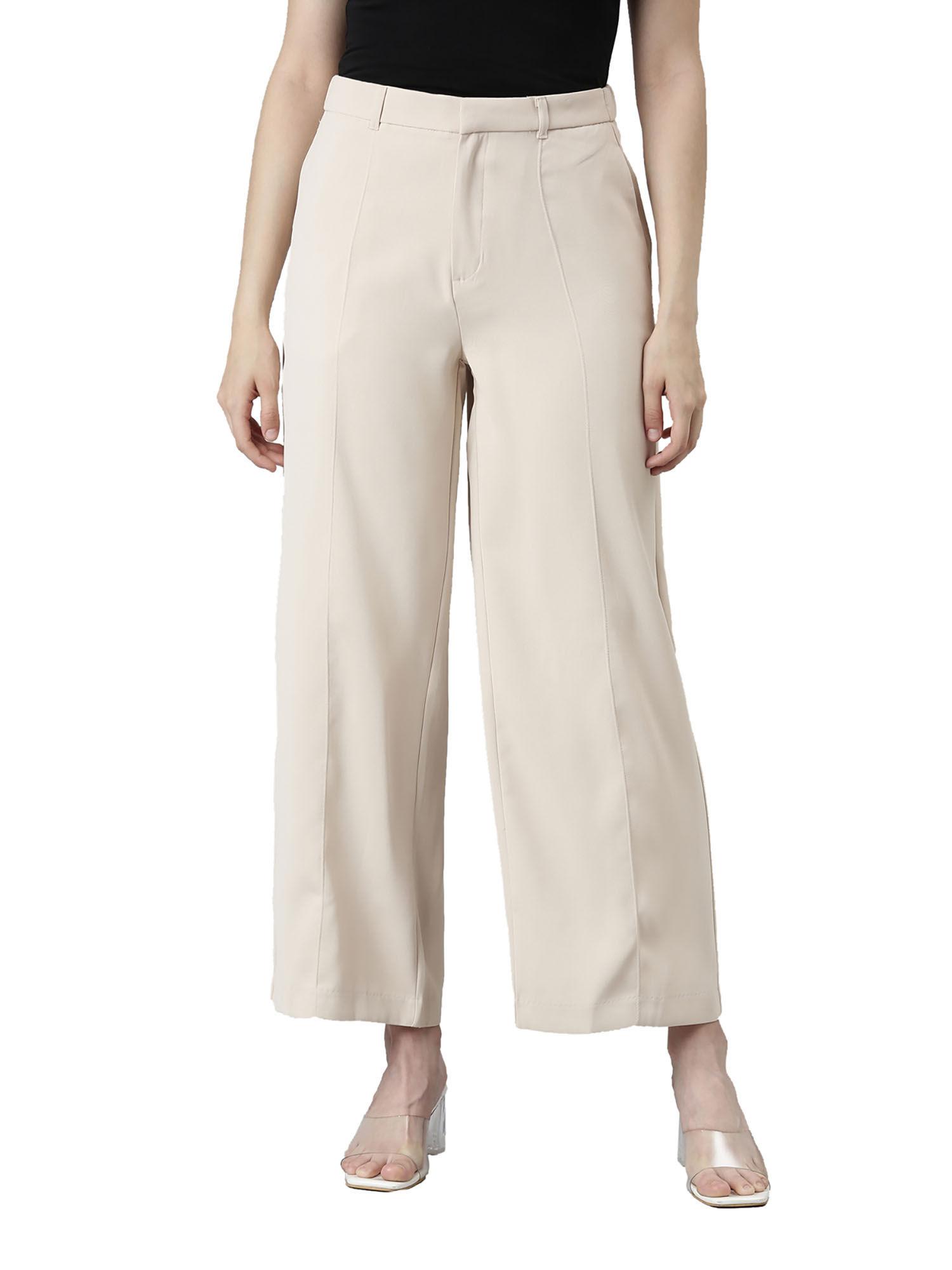 women solid beige high rise crepe wide pants