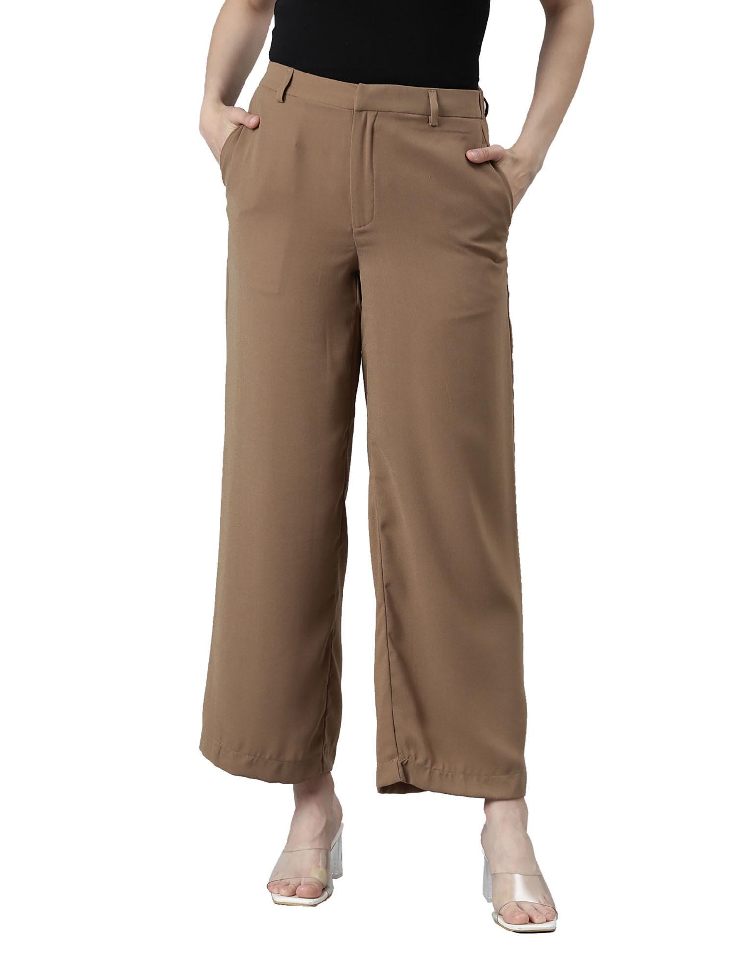 women solid beige high rise crepe wide pants