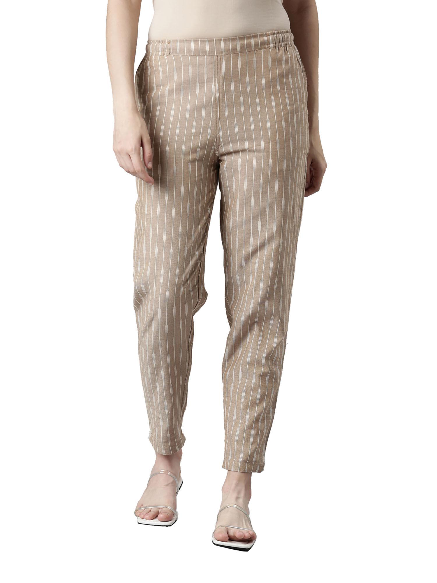 women solid beige mid rise linen ikat pencil pants