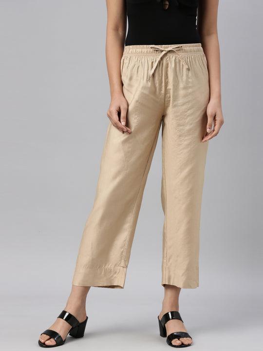 women solid beige straight fit silk pant