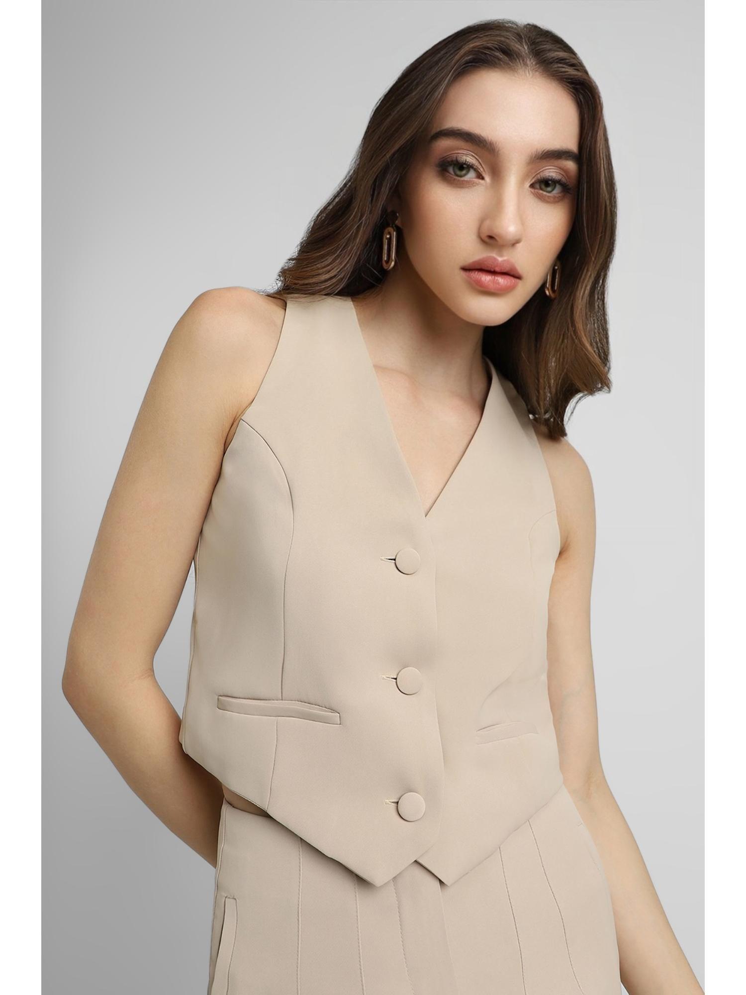 women solid beige v-neck waist coat