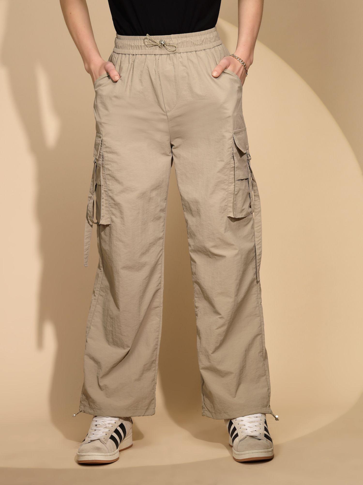 women solid beige wide leg cargo pant