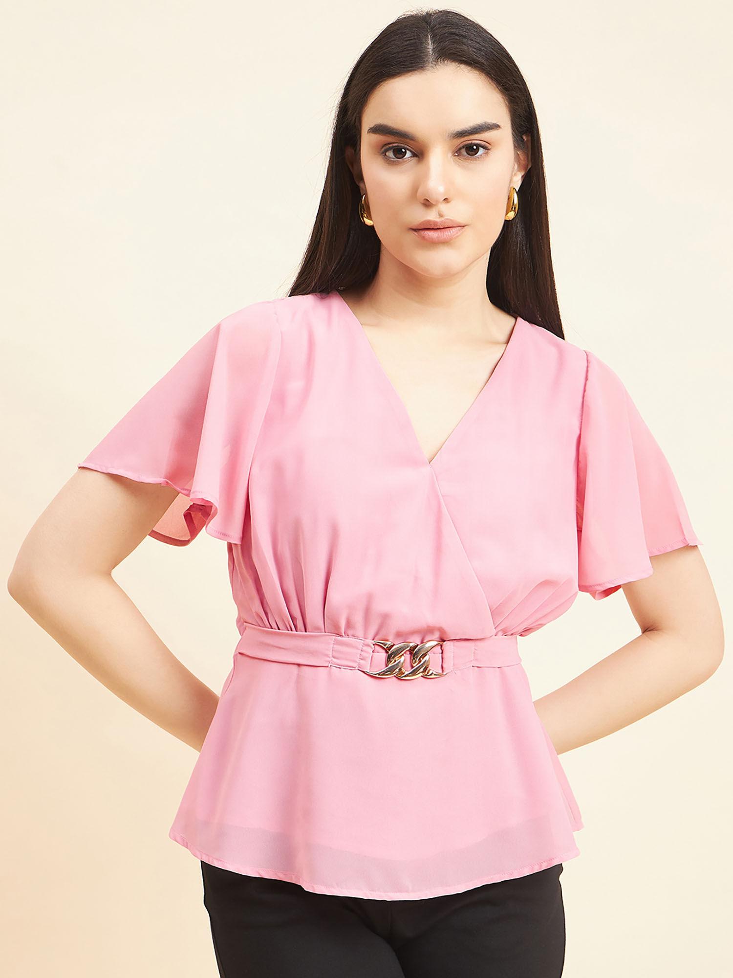 women solid belt buckle georgette pink top