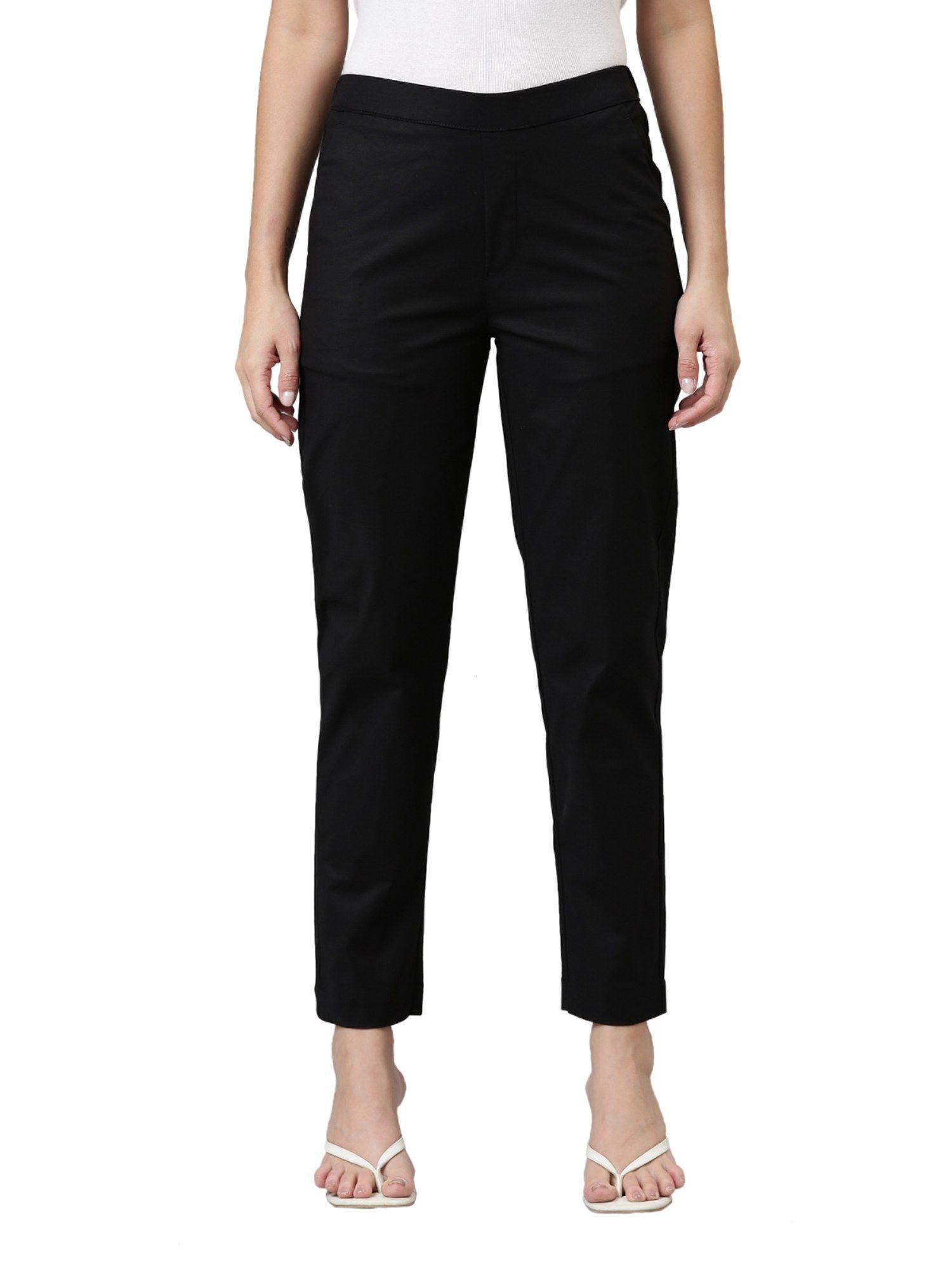 women solid black chinos trousers