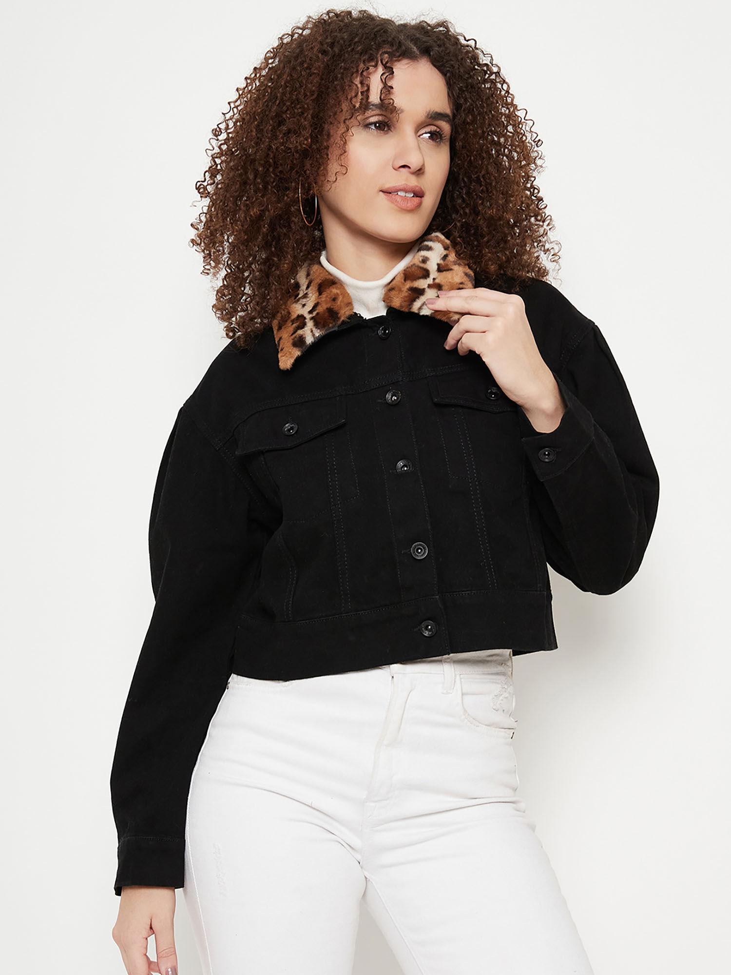 women solid black crop jacket